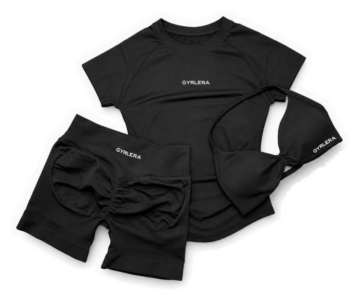 GYRLERA Core Bra, Sculpt Shorts and Compression Tee in Black