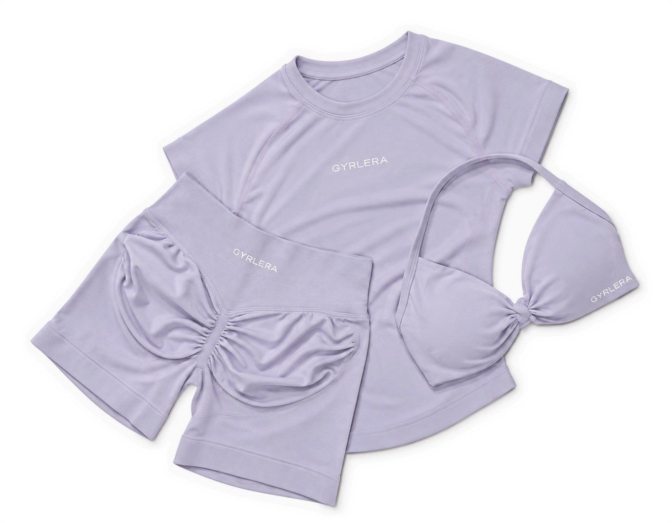 GYRLERA Core Bra, Sculpt Shorts and Compression Tee in Lilac