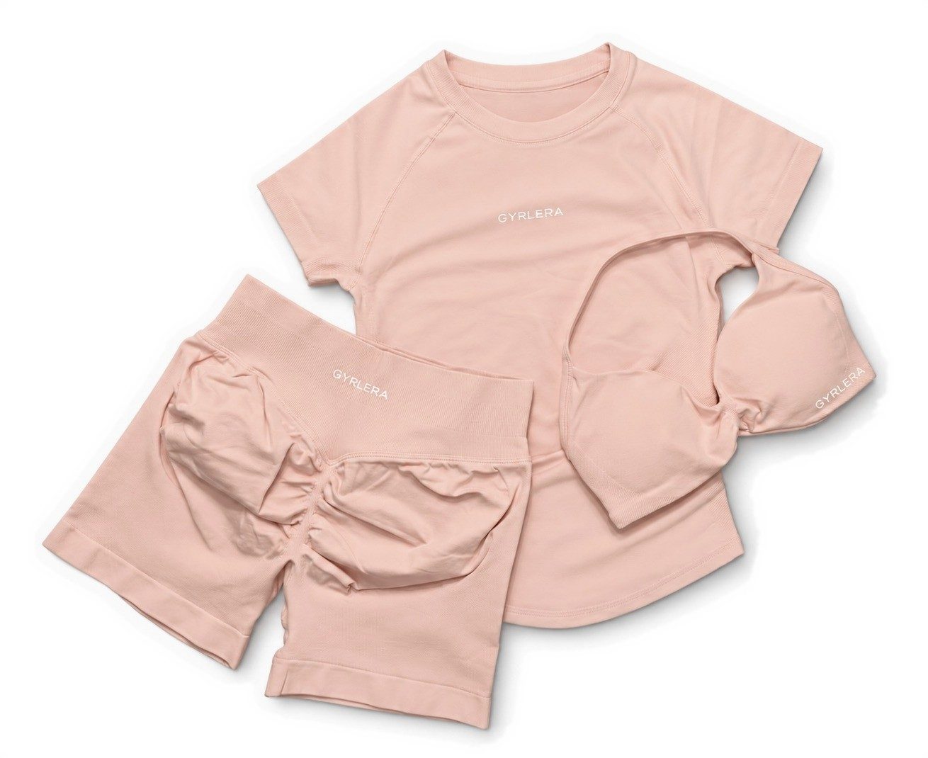 GYRLERA Core Bra, Sculpt Shorts and Compression Tee in Baby Pink